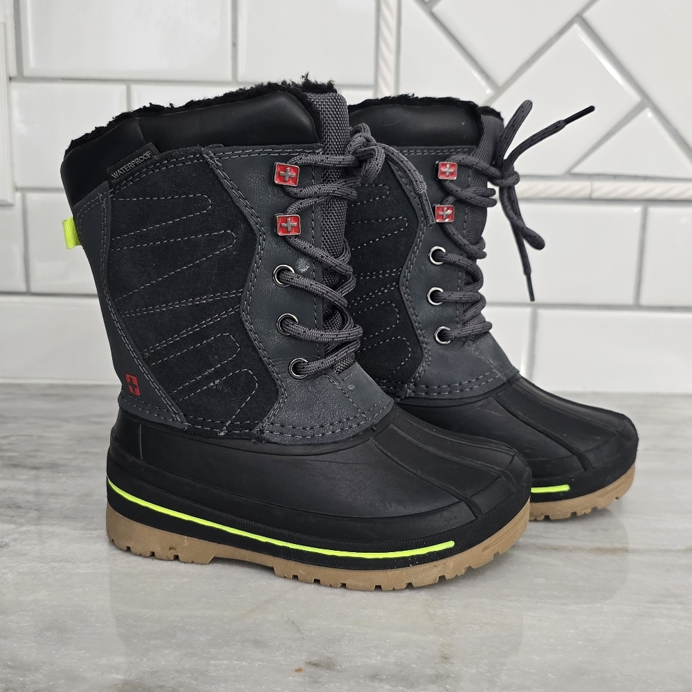 Swiss Tech Black Waterproof Insulated Winter Boots Lace Up Kids Size 10